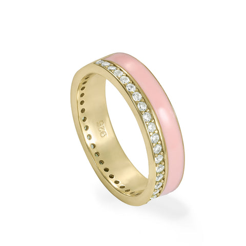 Anillo esmalte rosa diseño carril de circonitas