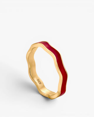 Fines bagues en argent émaillé rouge au motif curviligne