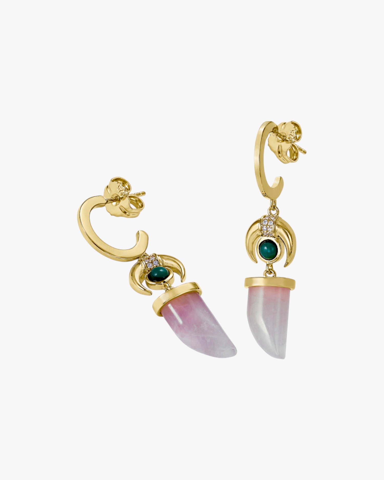 Hoop earrings with horn and inverted crescent moon pendants