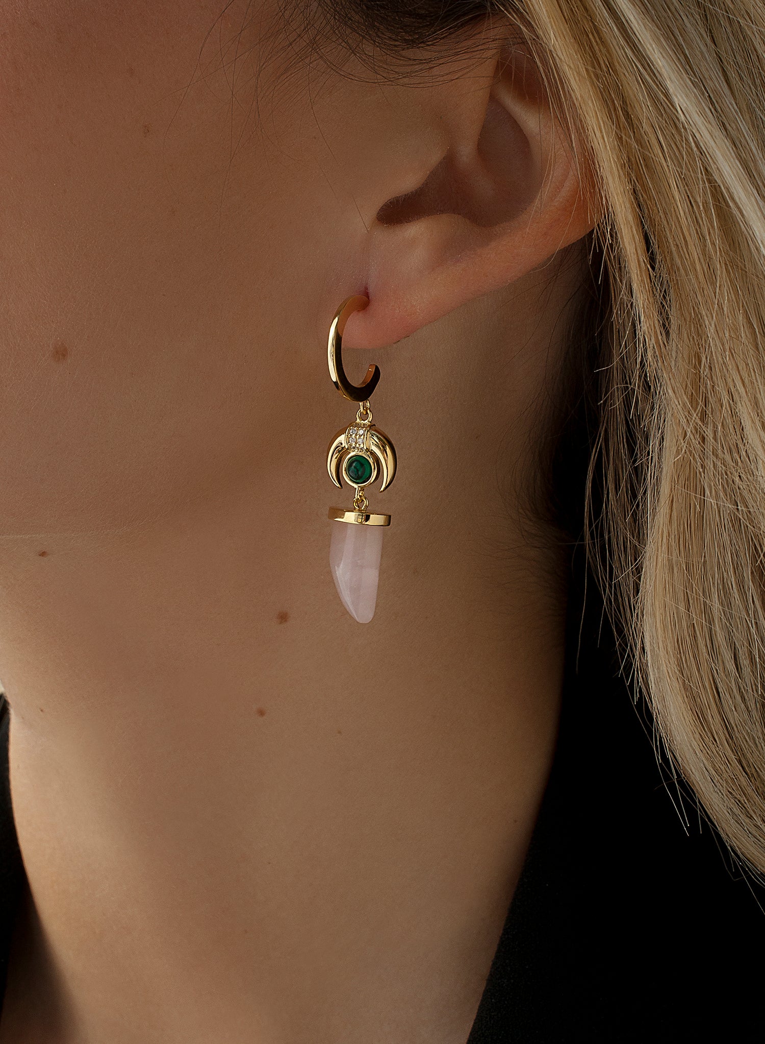 Hoop earrings with horn and inverted crescent moon pendants