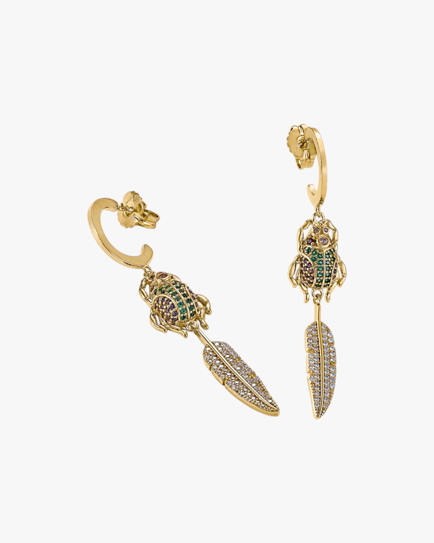 Boucles d'oreilles créoles avec pendentifs en forme de scarabée et de feuille