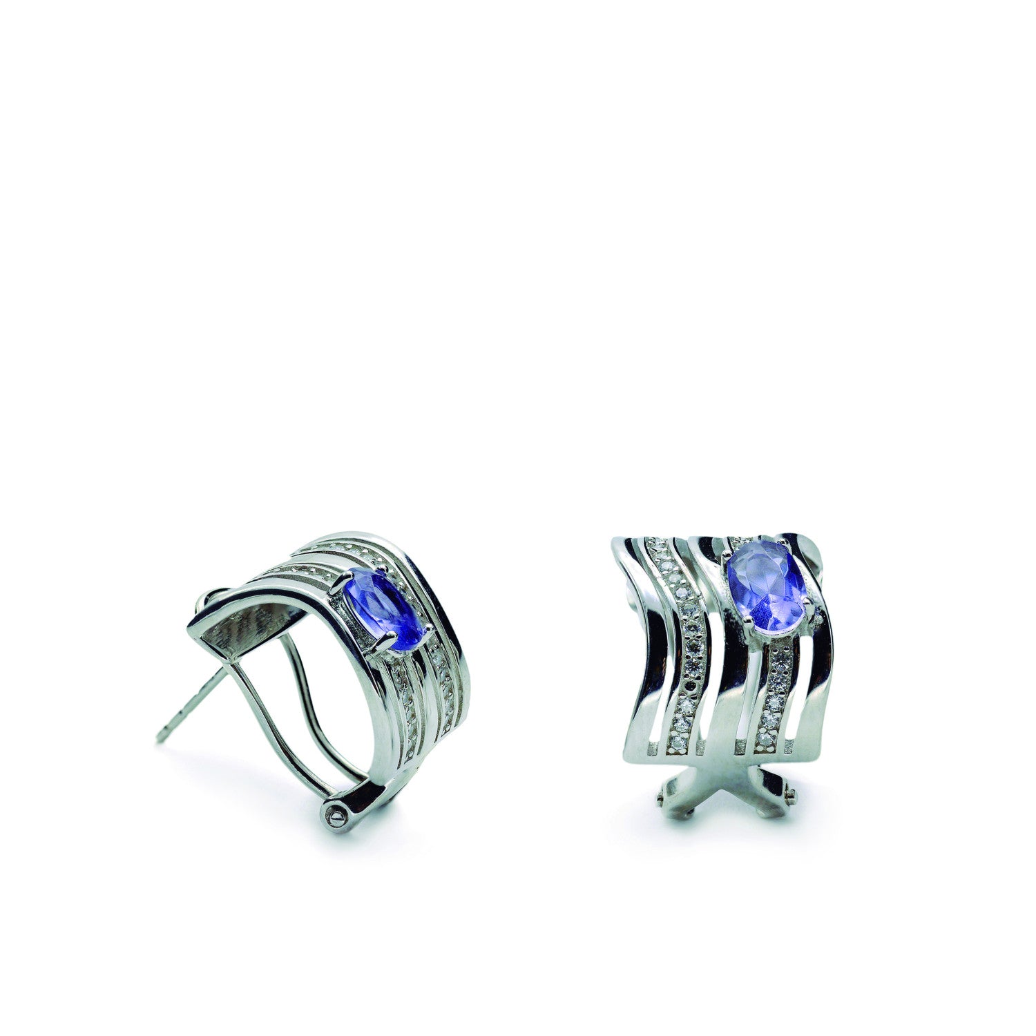 Omega clasp earrings with wave design and central gem