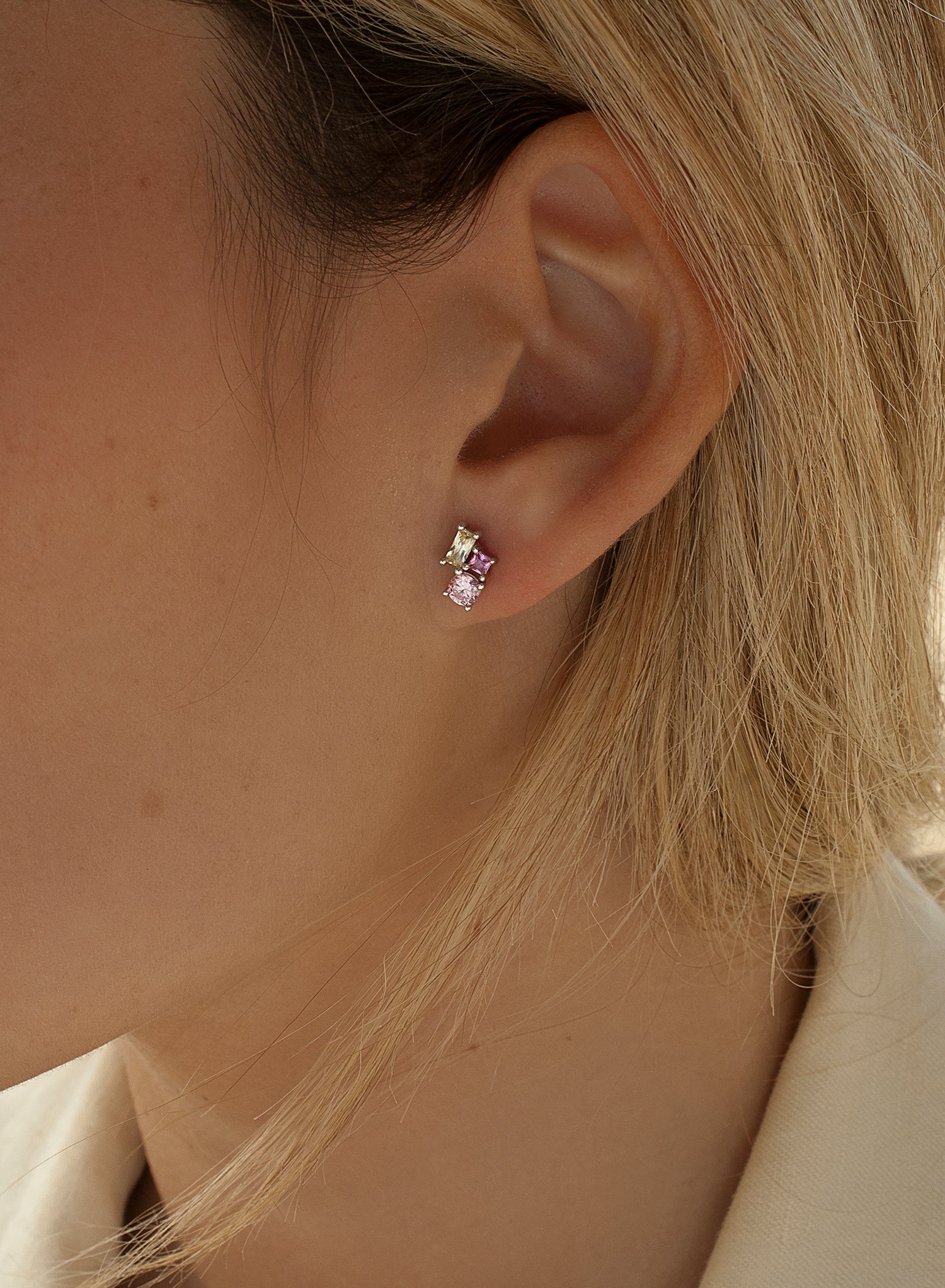 Small earrings with pink adamantine quartz