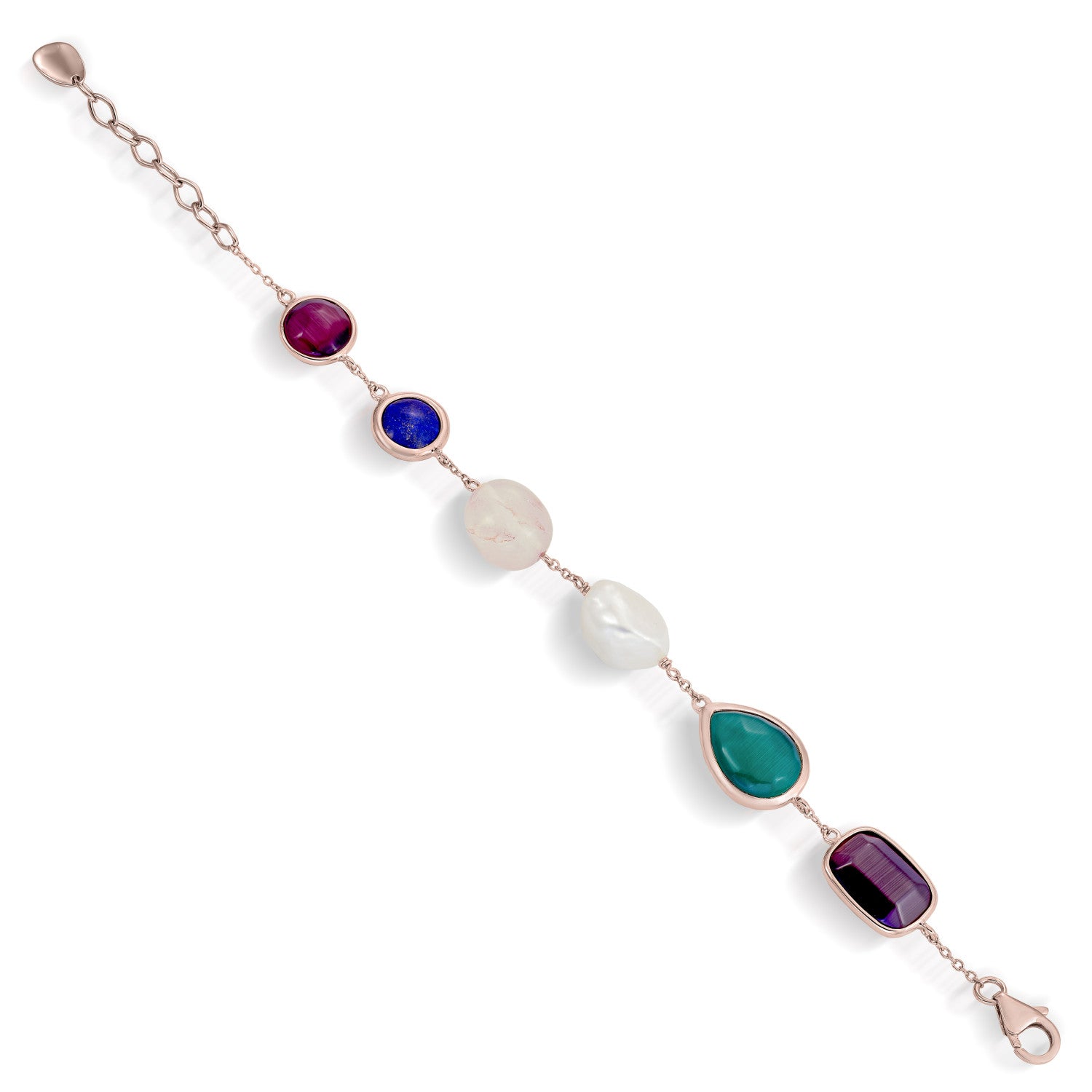 Bracelets with stones in silver, purple and green tones with pearls