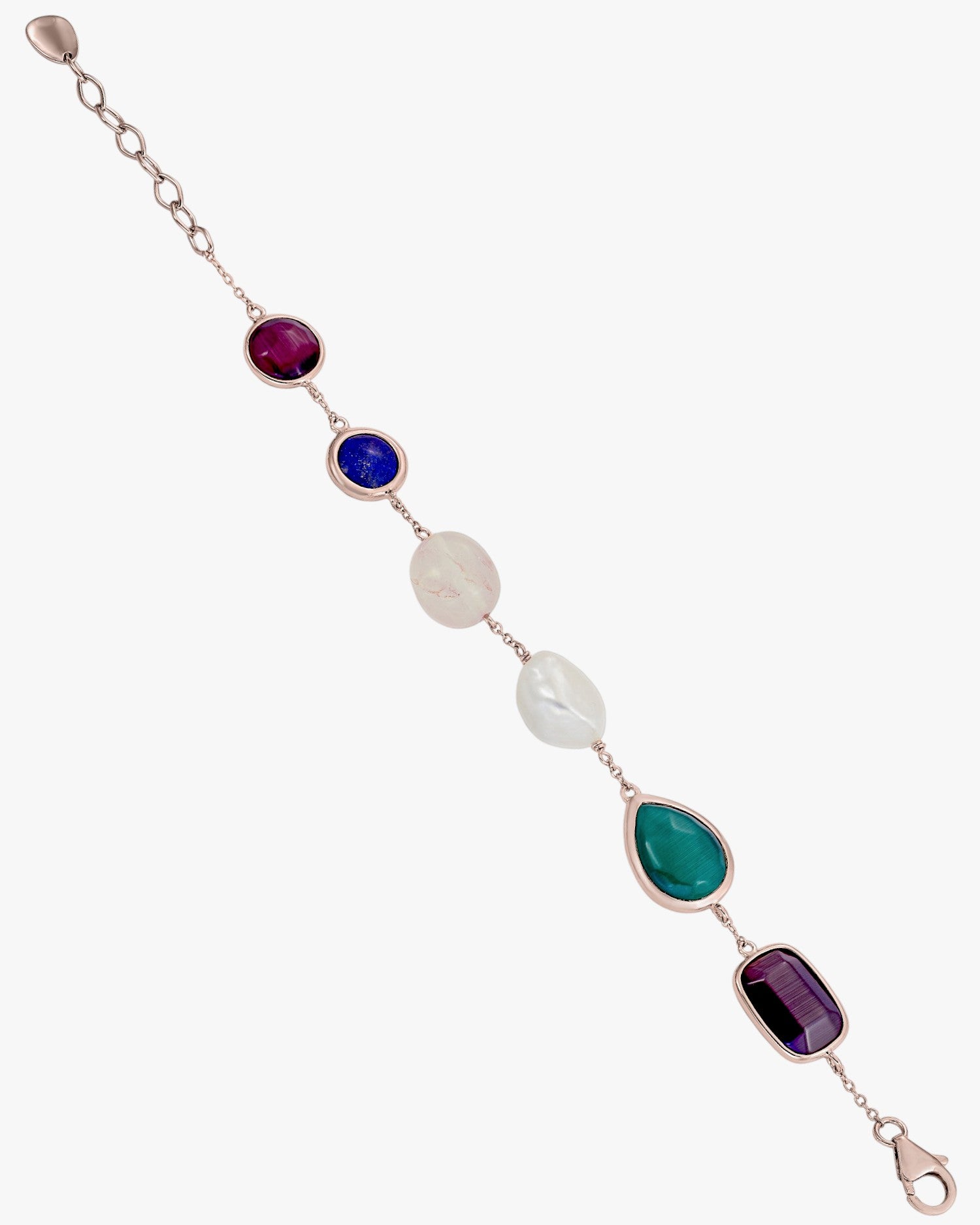 Bracelets with stones in silver, purple and green tones with pearls