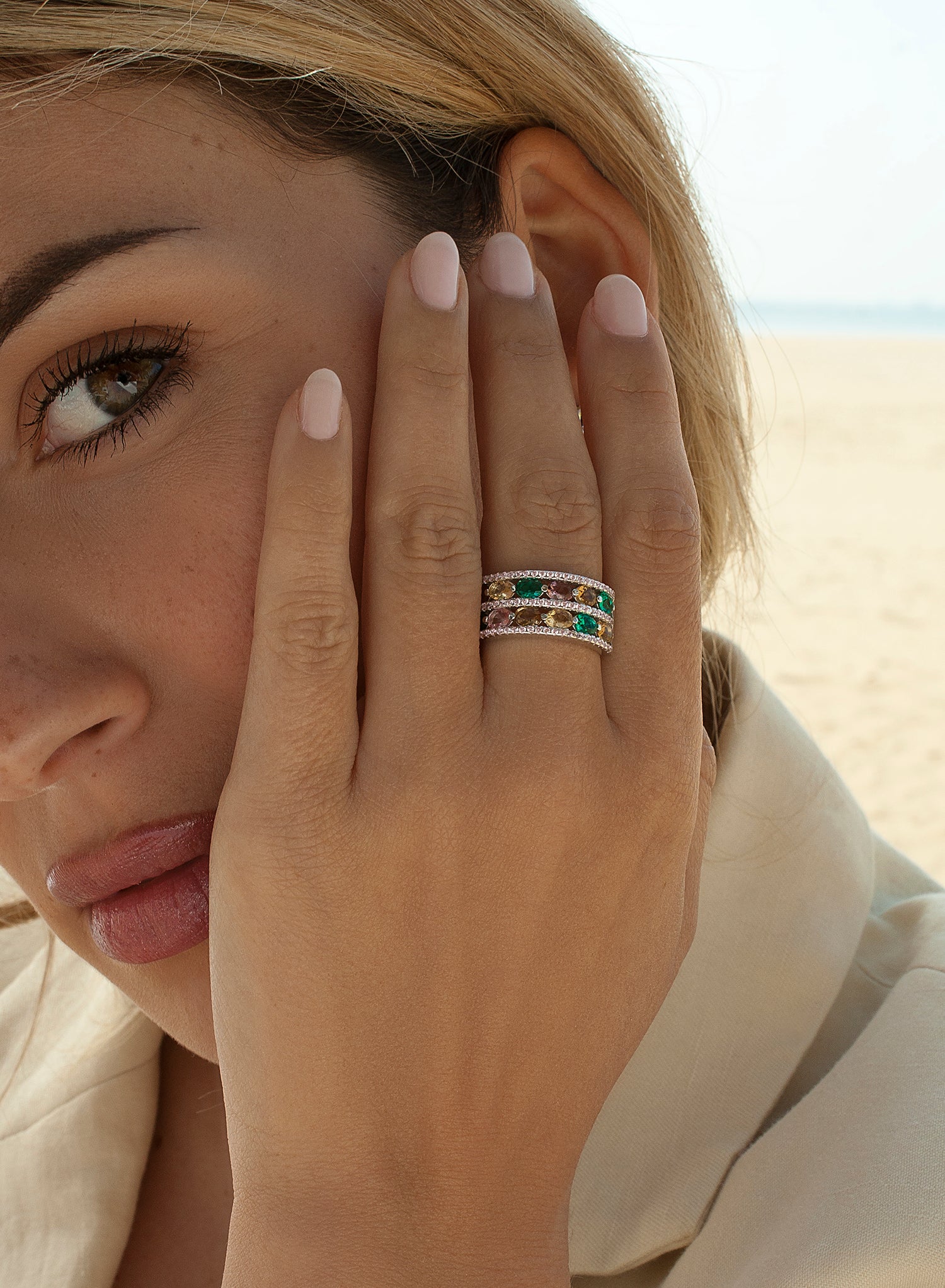 Rings with multicolored stones and cubic zirconia tracks