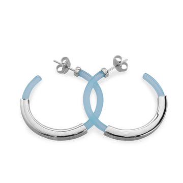 Pendientes aro diseño resina tono azul y banda de plata lisa central