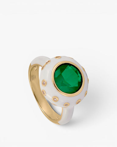 Designer rings with white enamel and adamantine quartz