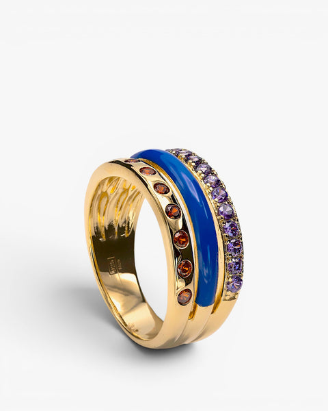 Anillos anchos diseño combinado de esmalte azul y gemas