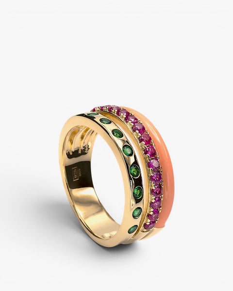 Anillos anchos diseño combinado de esmalte naranja y gemas