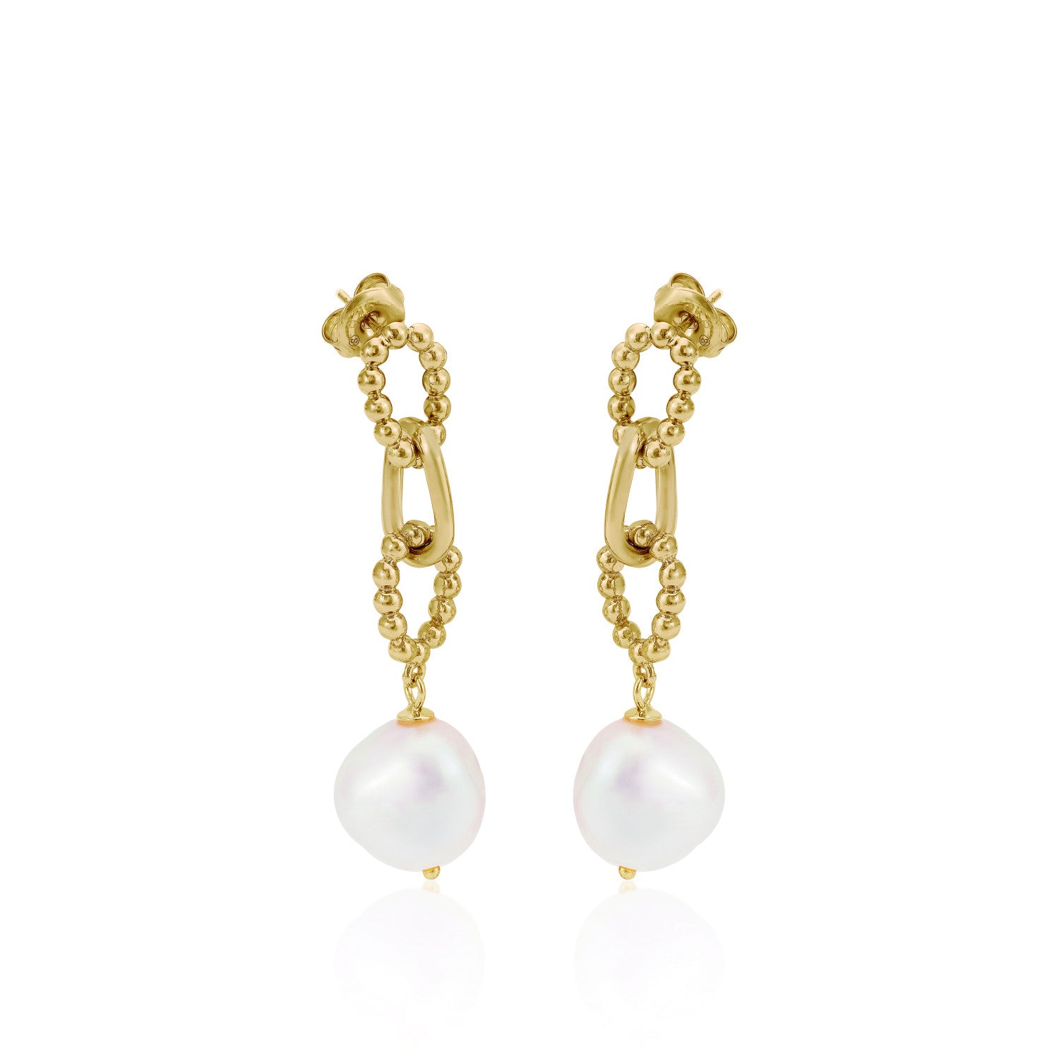 Boucles d'oreilles longs de argent perles design de maillons dorés