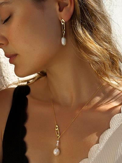 Boucles d'oreilles en perles argentées, motif trombone, plaquées or