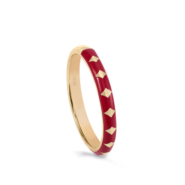 Anillos finos diseño cenefa de rombos y esmalte rojo