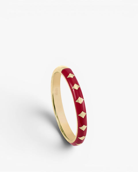 Thin rings with a diamond border design and red enamel