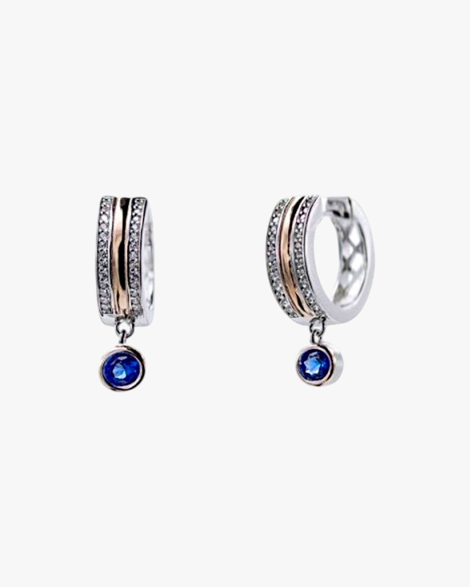 Small hoop earrings with blue charm design and cubic zirconia