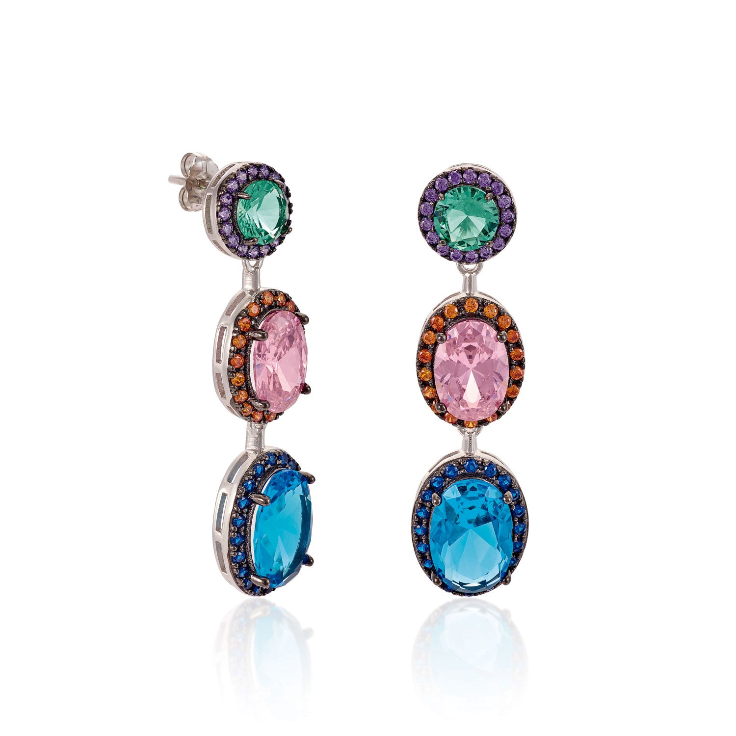Long earrings with colorful stones, three-gem design