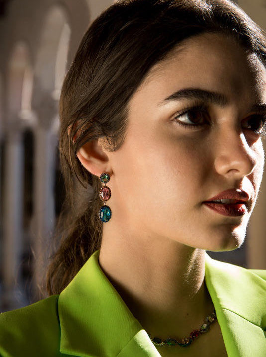 Long earrings with colorful stones, three-gem design