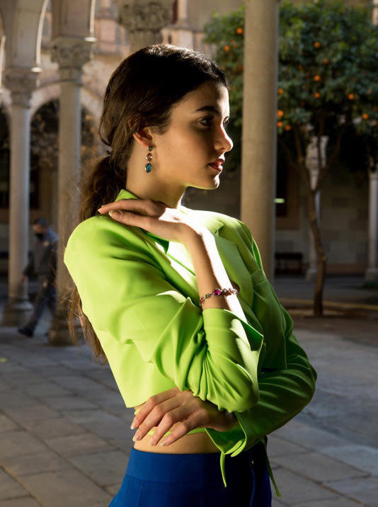 Long earrings with colorful stones, three-gem design