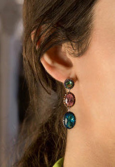 Long earrings with colorful stones, three-gem design