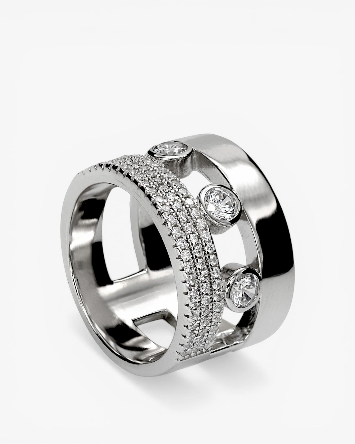 Wide rings formed by three rows of cubic zirconia