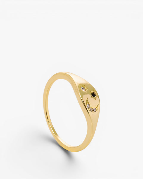 Anillo sello de plata motivo astral de luna y estrellas