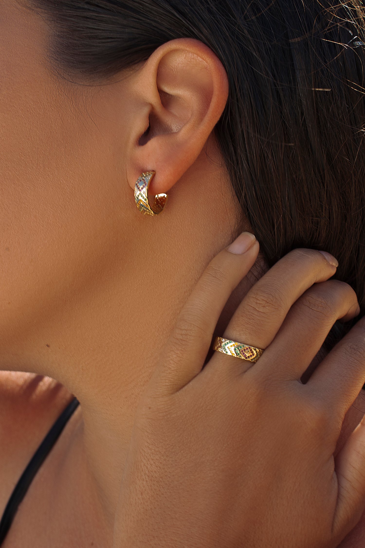 Rings with multicolored mosaic style stones plated in gold or silver