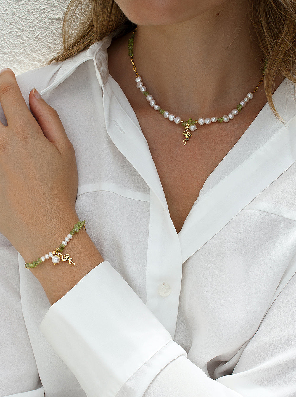 Pulseras con piedras de plata diseño colgante de flamenco y peridot