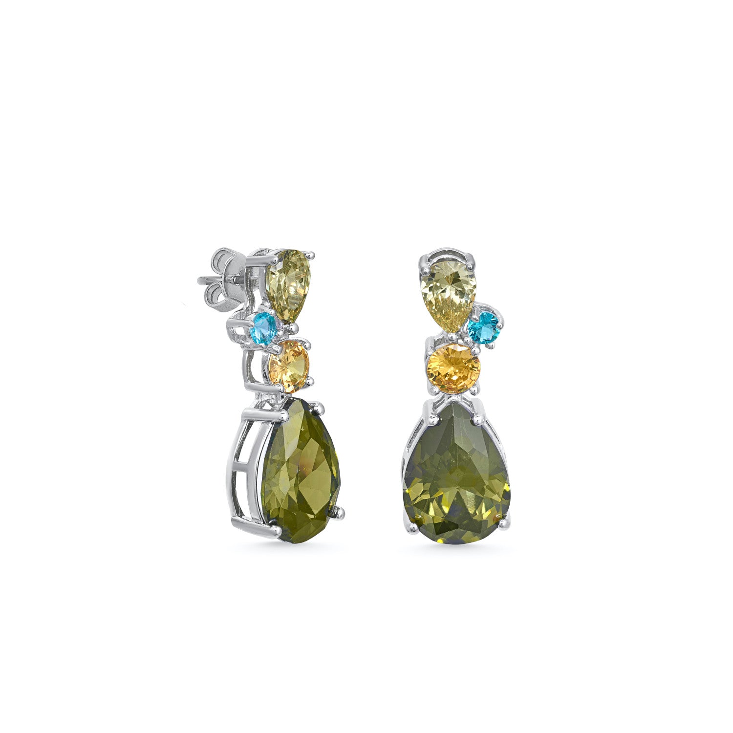 Earrings with colored stones round and pear cut gems design