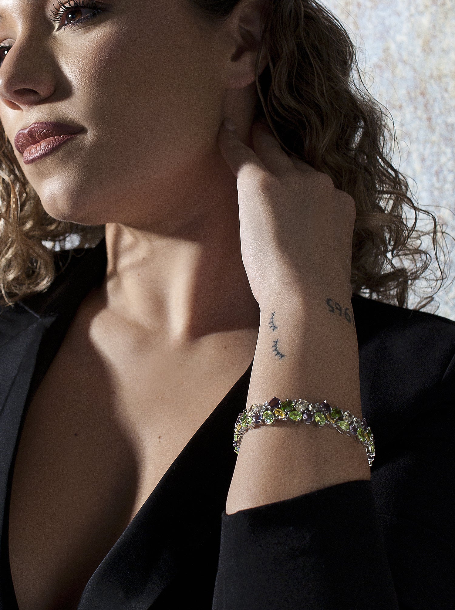 Bracelets with mosaic-design stones in shades of green