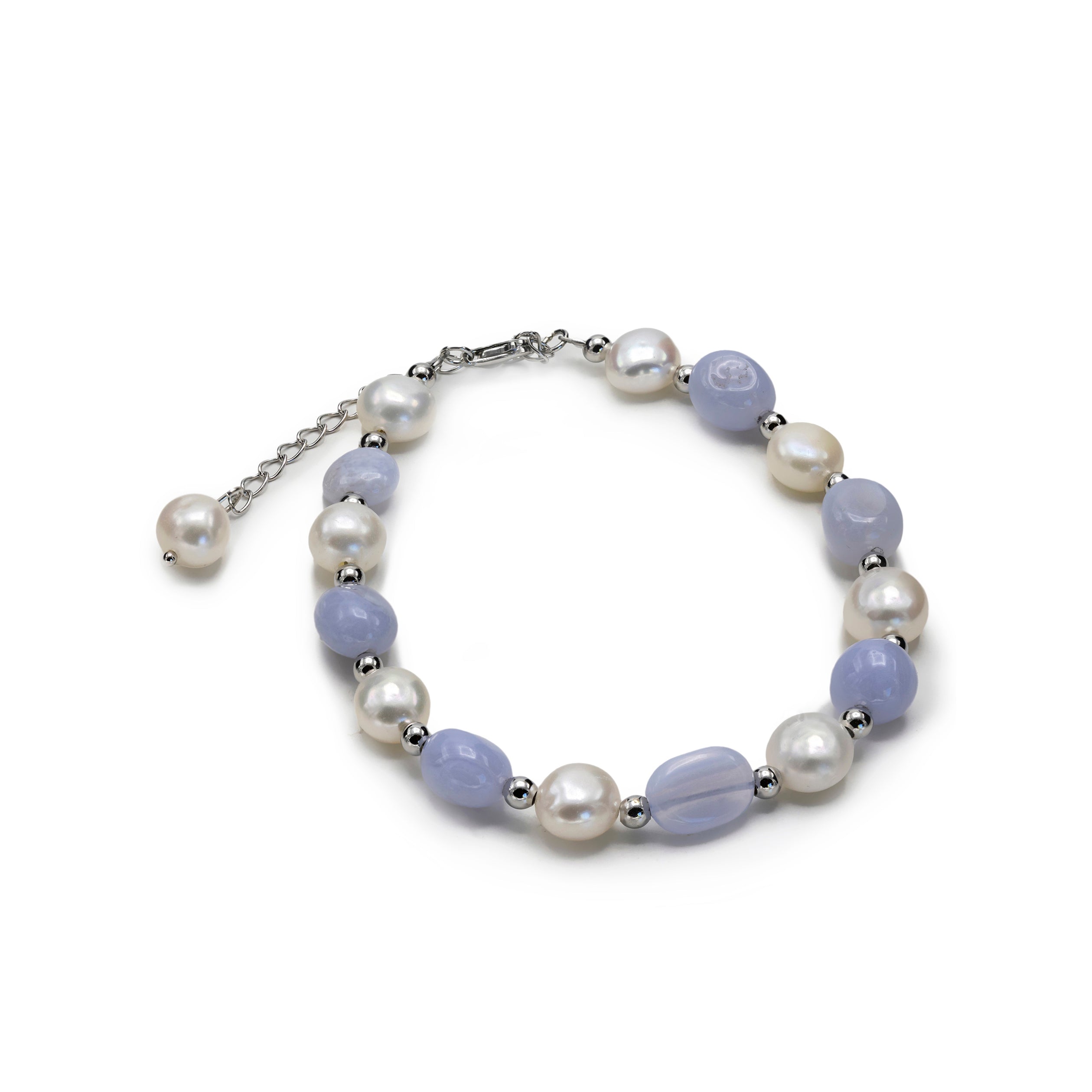 Pulseras con piedras de plata calcedonia azul y perlas de agua dulce