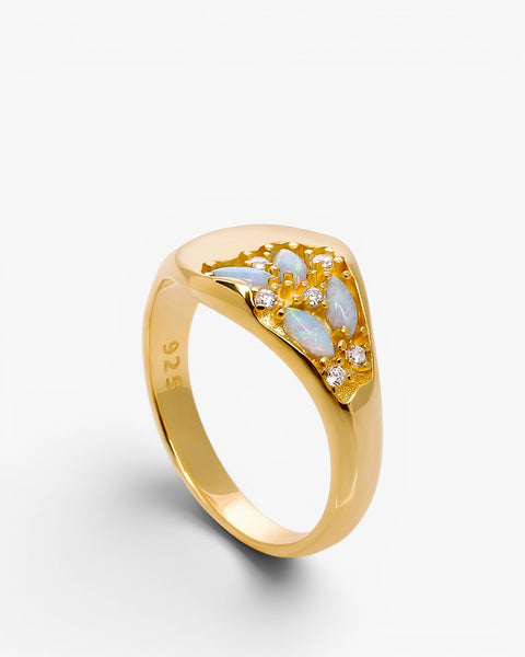 Signet ring with opal and cubic zirconia motif
