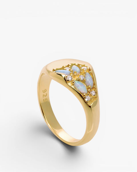 Anillo sello con motivo de ópalo y circonitas