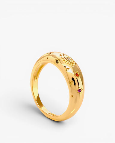 Bague chevalière à motif floral ornée de petits zircons cubiques