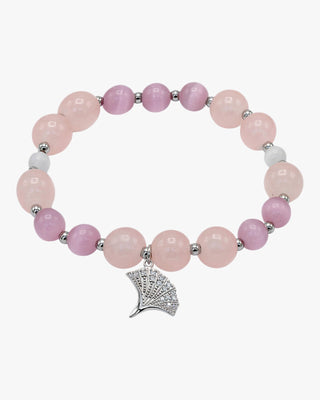 Pulseras de bolas de plata cuarzo rosa y charm de flor abierta