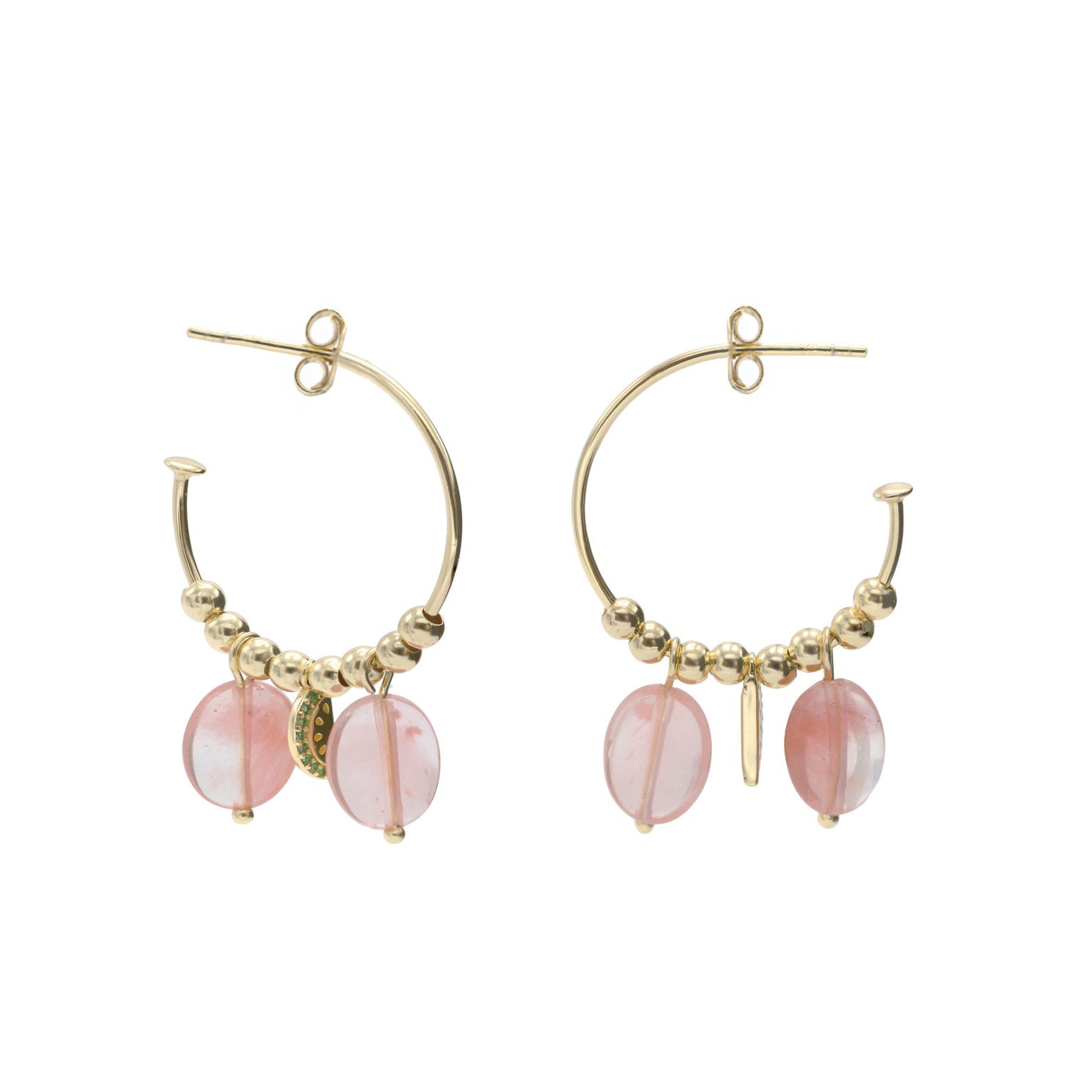 Pendientes aros con colgantes charms de sandía y cuarzo rosa