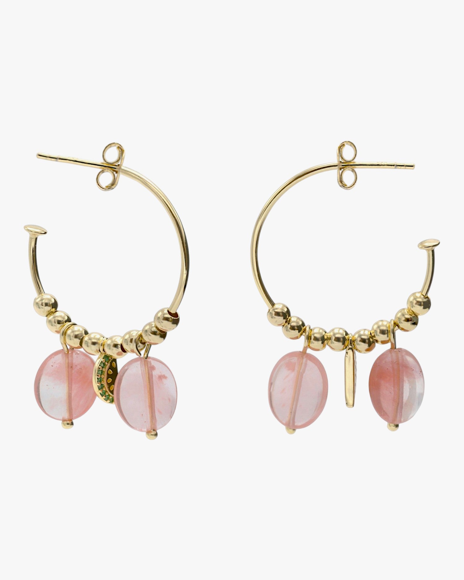 Boucles d'oreilles créoles avec pendentifs en forme de pastèque et de quartz rose