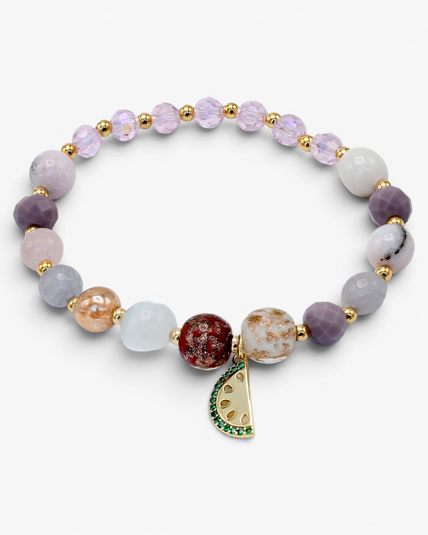 Bracelets avec perles argentées, quartz rose et breloque pastèque