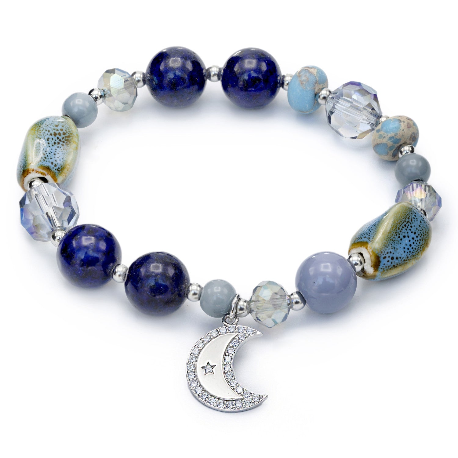 Bracelets made of silver beads, assorted semi-precious stones, and a moon charm