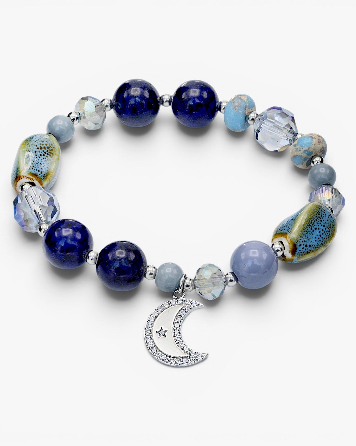 Pulseras de bolas de plata piedras semipresciosas variadas y  charm de luna