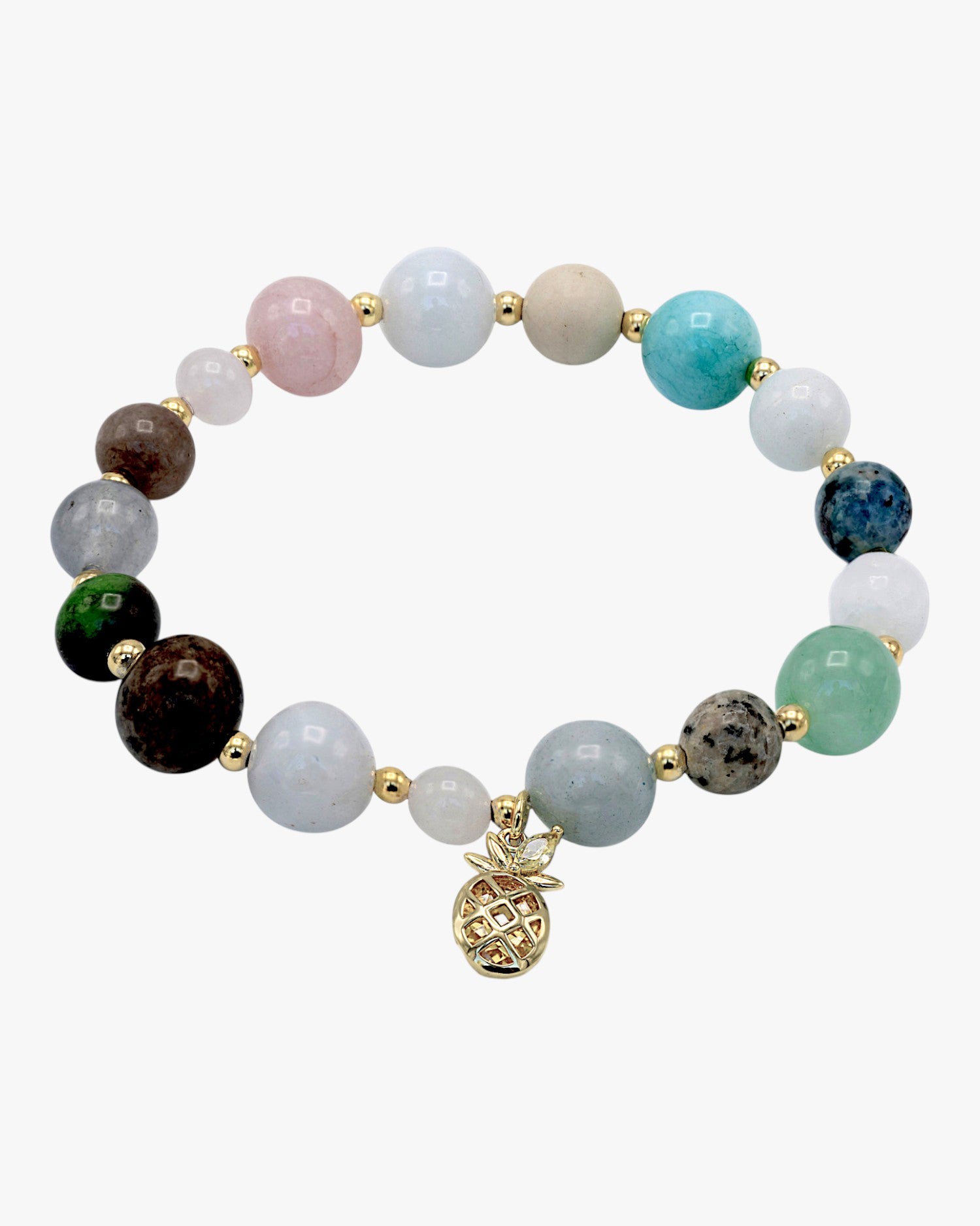 Pulseras de bolas de plata charm de piña y piedras semipreciosas variadas