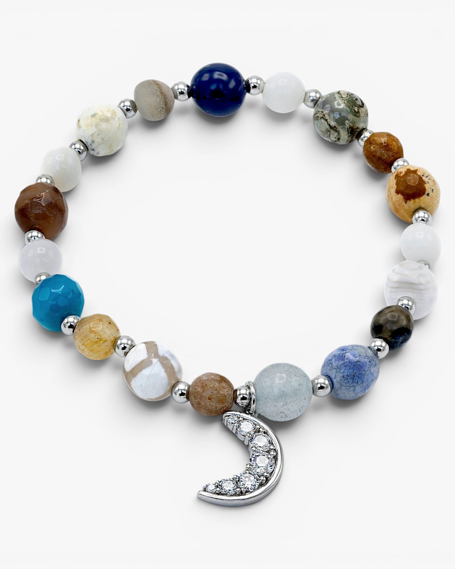 Bracelets en perles d'argent avec breloque lune, strass et pierres semi-précieuses