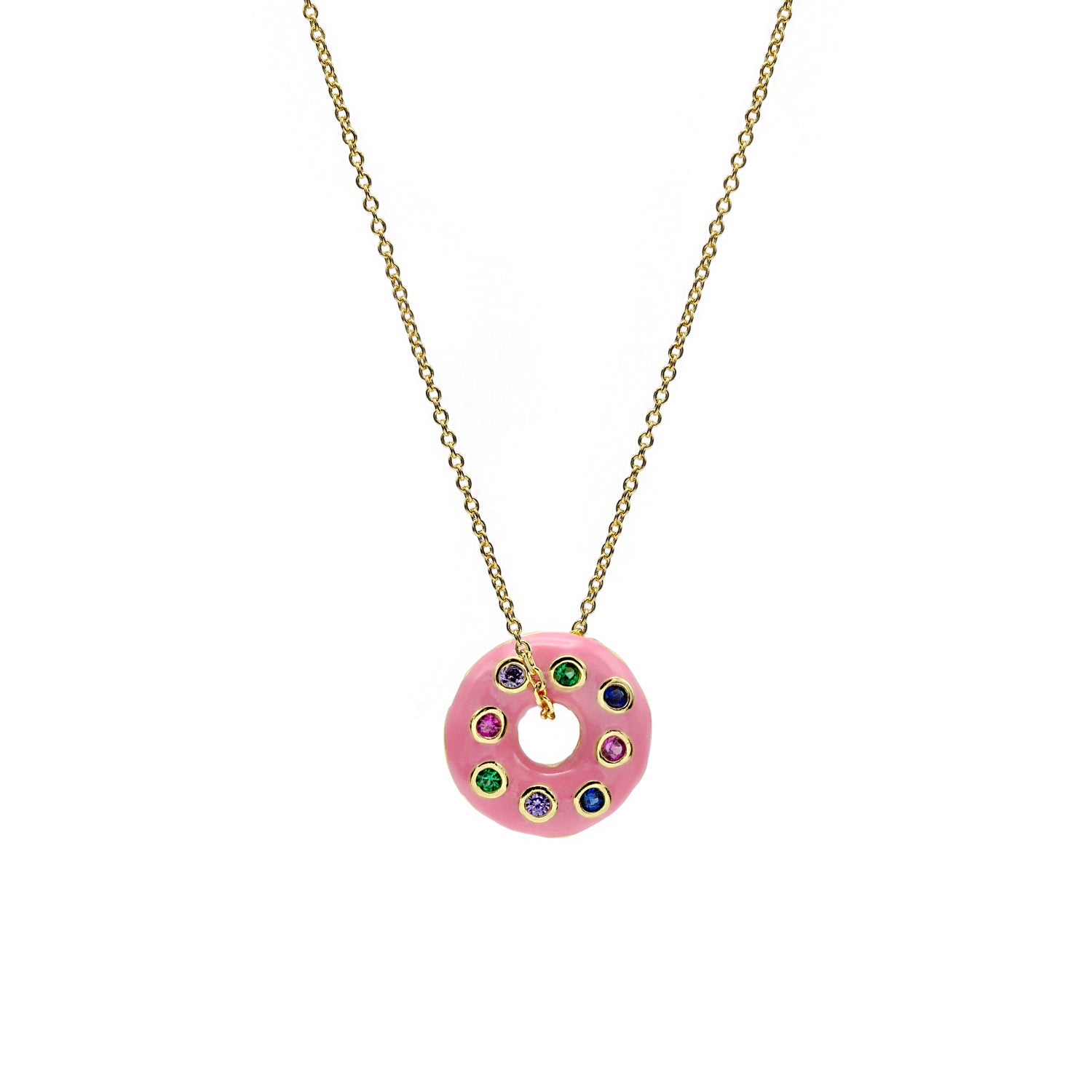 Pendentifs originaux en argent ornés d'un motif de donut, de zirconiums cubiques multicolores et d'émail fuchsia.