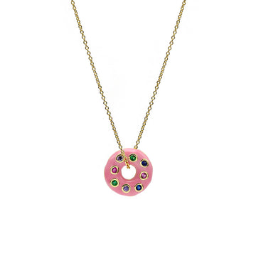 Pendentifs originaux en argent ornés d'un motif de donut, de zirconiums cubiques multicolores et d'émail fuchsia.