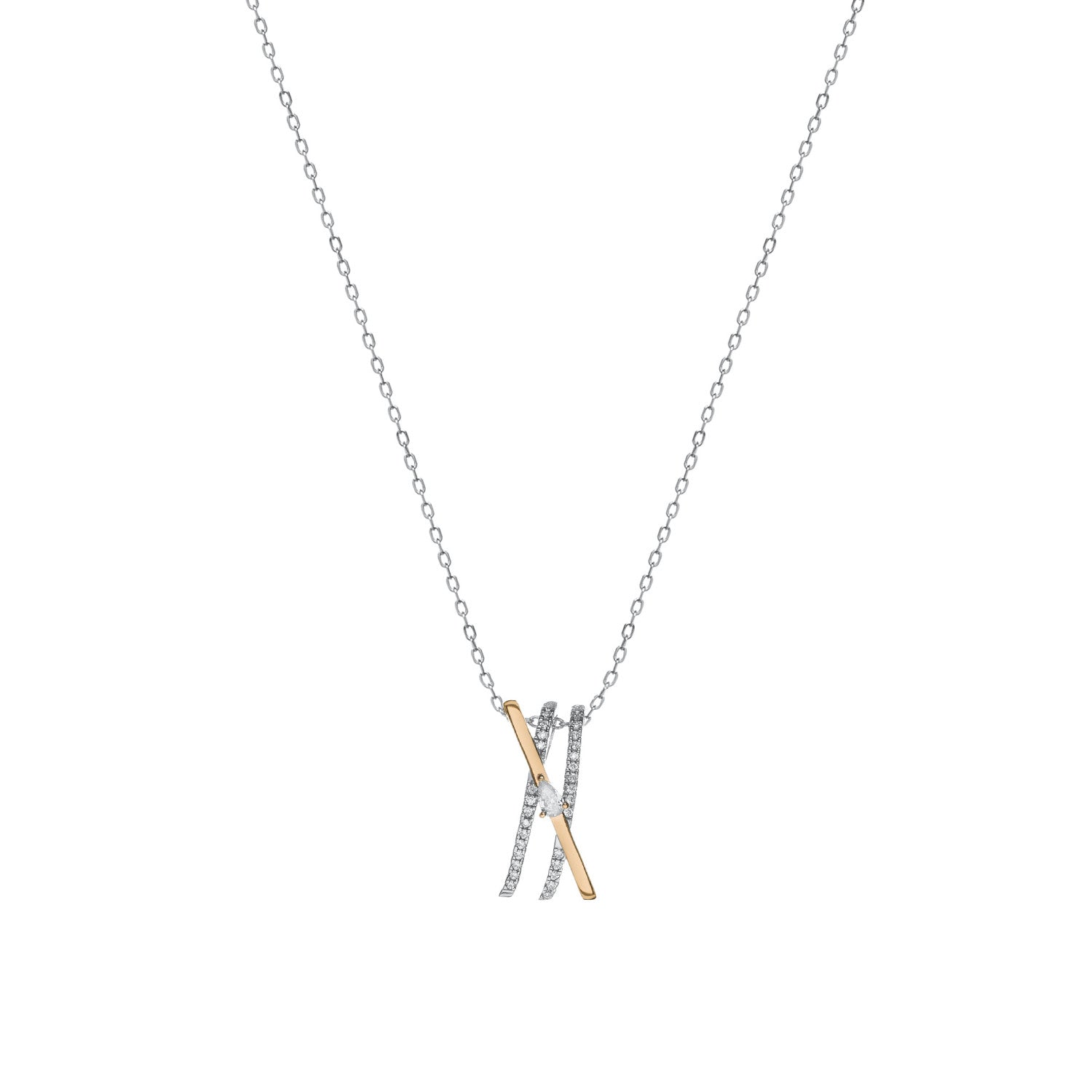 Two-tone pendant with crossed golden rail and zirconia rails