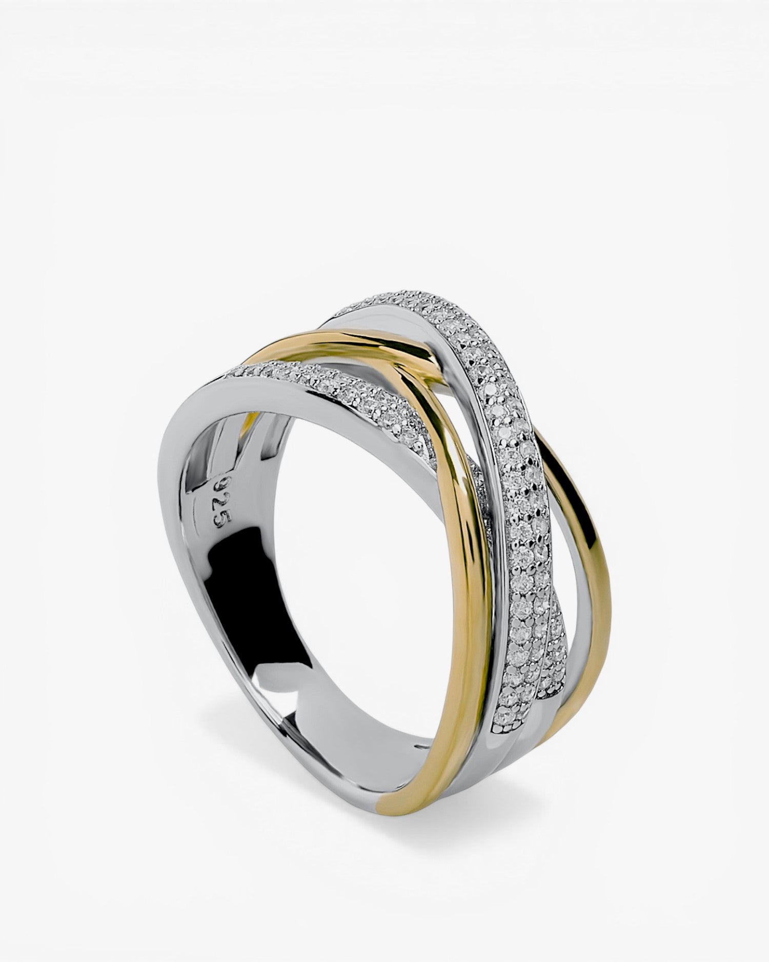 Anillos circonitas de plata con raíles entrecruzados con circonitas