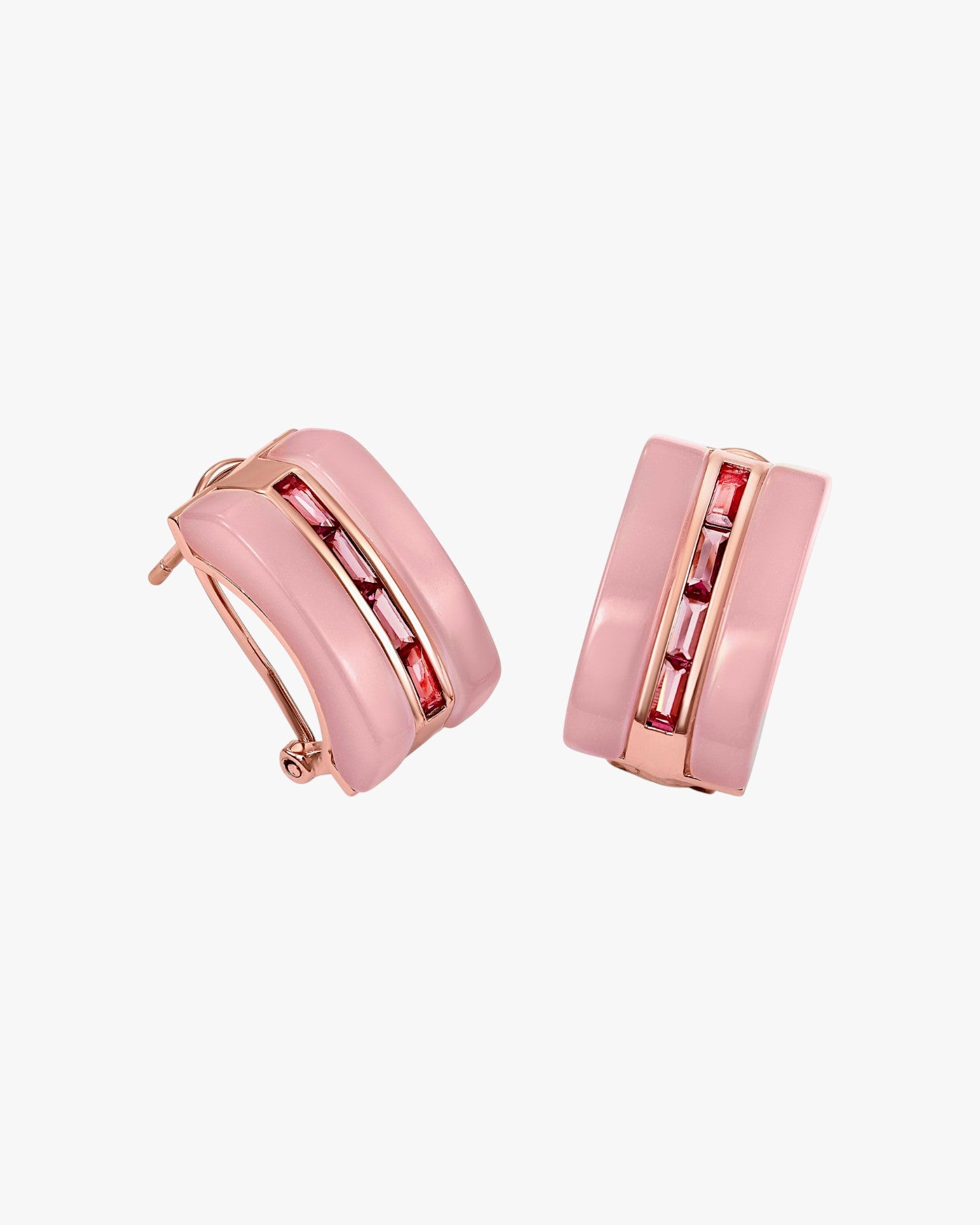 Omega clasp earrings, resin design and pink gems