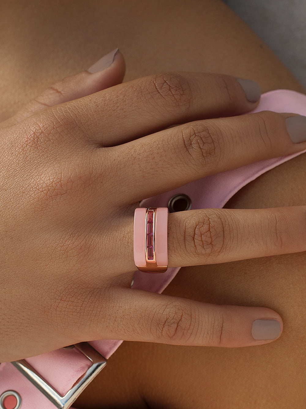 Designer rings with resin and pink gemstones