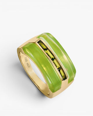 Designer rings with resin and green gems