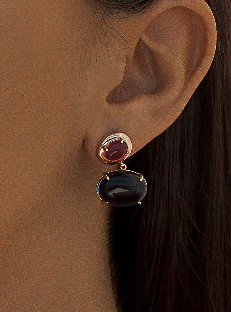 Pendant earrings with double adamantine quartz design