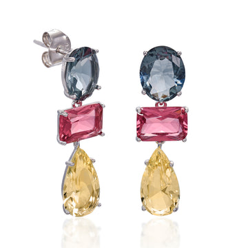 Silver earrings with round-cut emerald and pear-shaped colored stones